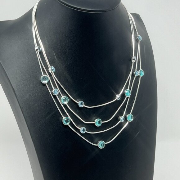 Silver Tone with Turquoise Blue Colored Crystals 4 Strand Chain Necklace - Picture 7 of 11